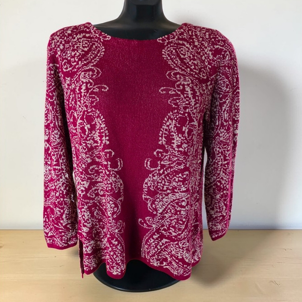Ruby Rd. Metallic Paisley Jacquard Hi Lo Lightweight Sweater Sz L